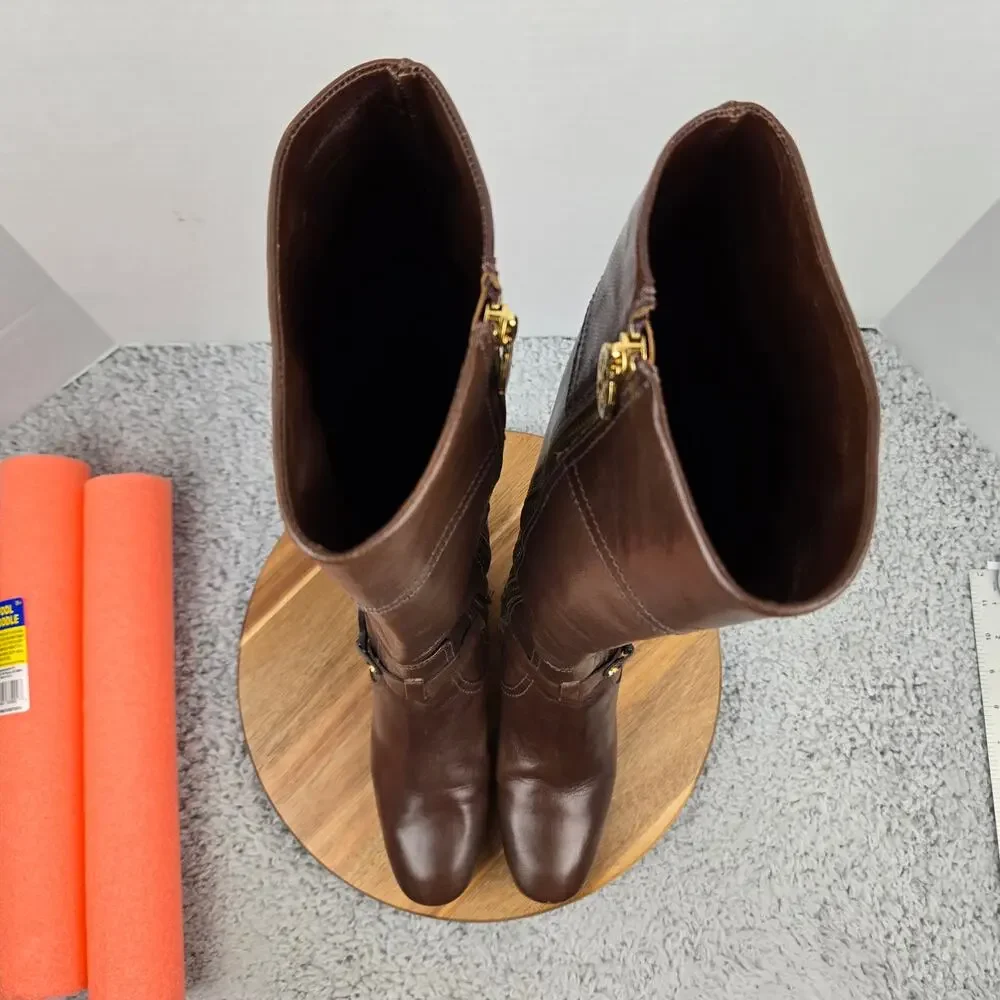 Tory Burch Womens 6.5M Brown Side Logo Gold Hardware Equestrian Riding Boot Heel